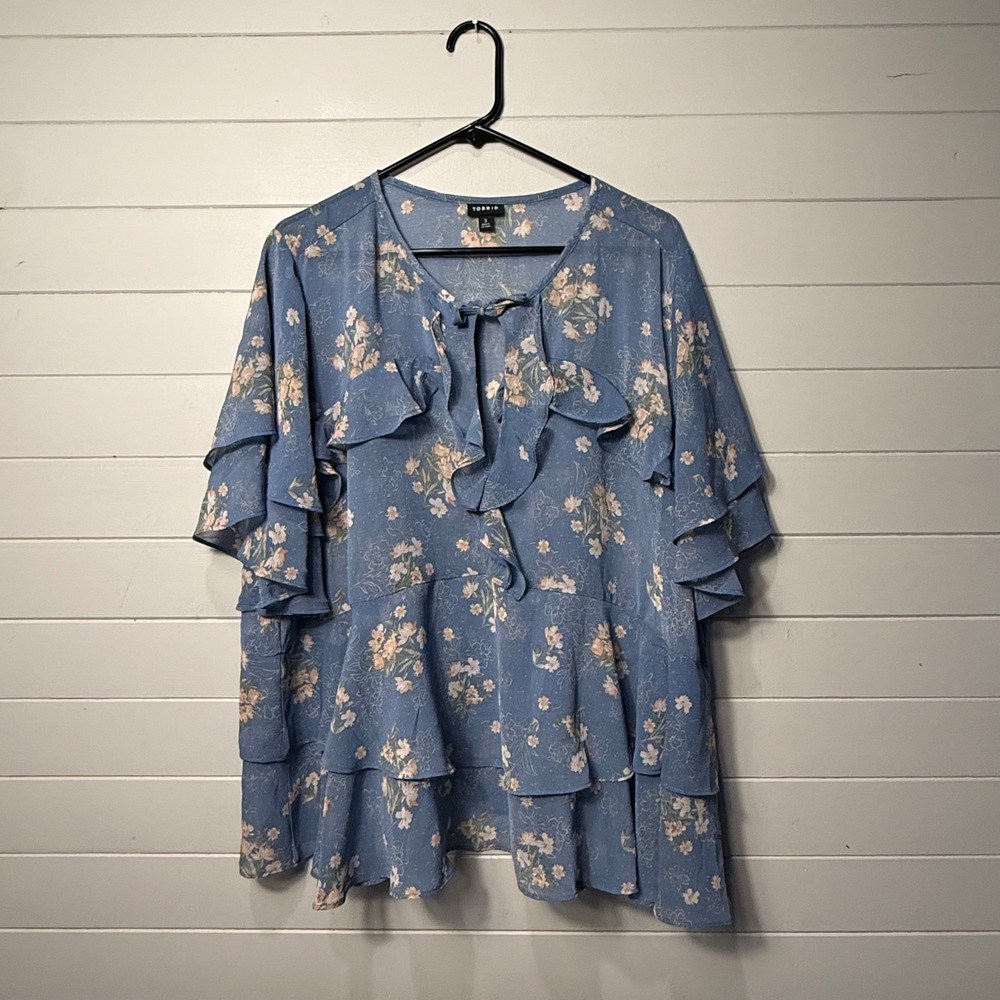 Torrid Floral Ruffle Tiered Flutter Sleeve Tie Neck Blouse 3 Blue Boho NWOT